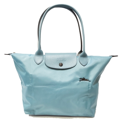 【LONGCHAMP】L2605619329經典LE PLIAGE CLUB 長把摺疊手提刺繡水餃包 S號(水藍色)