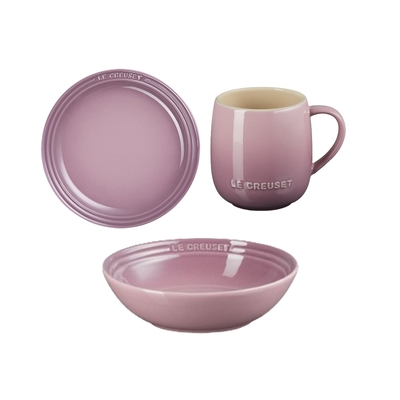 Le Creuset 圓形淺盤 23cm+早餐穀片碗 18cm+蛋蛋馬克杯 380ml 錦葵紫