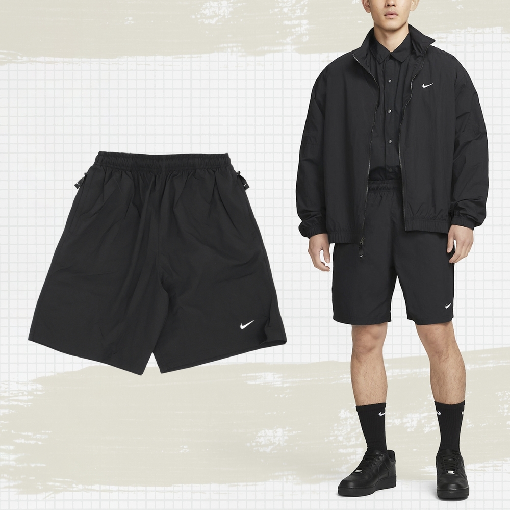 Nike 褲子 Lab Solo Swoosh Shorts 男款 黑 短褲 寬版 拉鍊口袋 抽繩 小勾 DX0750-010