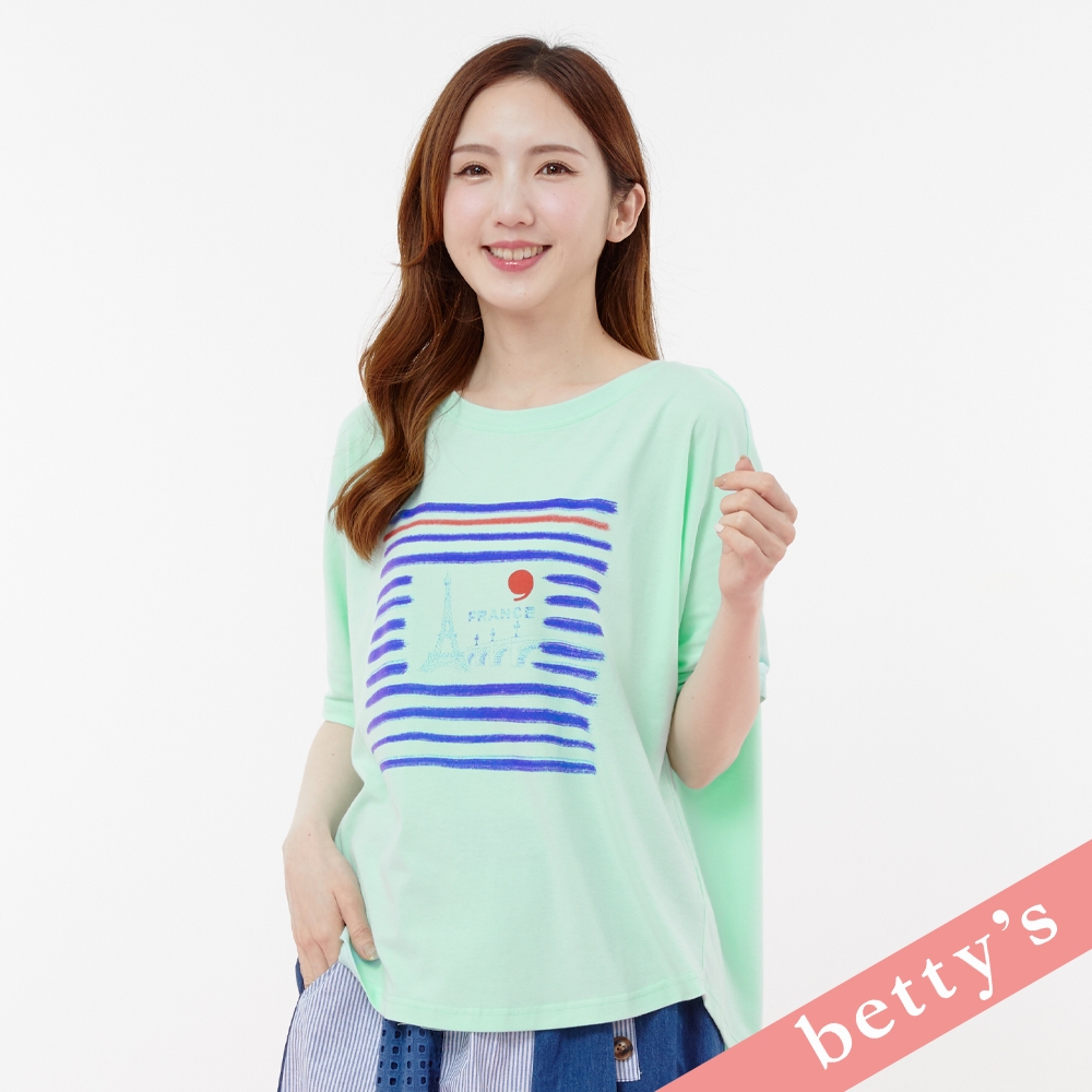 betty’s貝蒂思　巴黎鐵塔風景手繪印花落肩寬版T-shirt(薄荷綠)