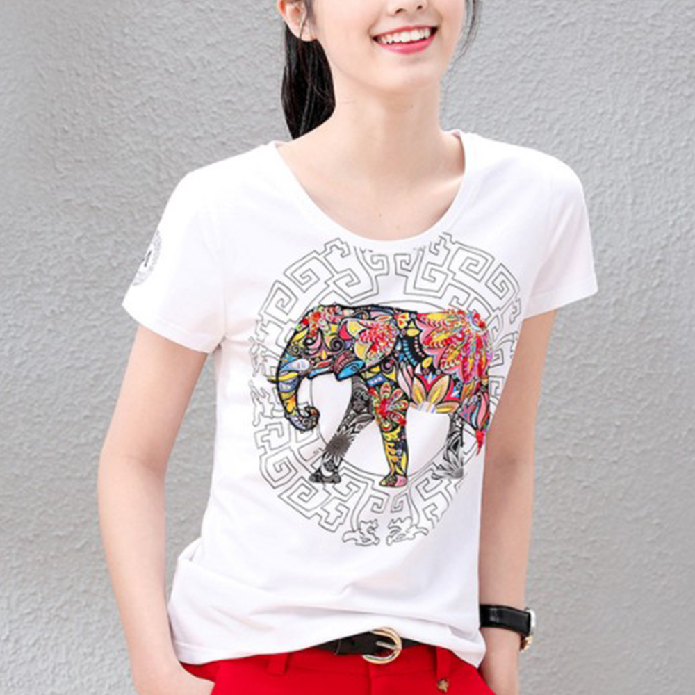 初色  大象圖案亮片短袖T恤-白色-(M-2XL可選)