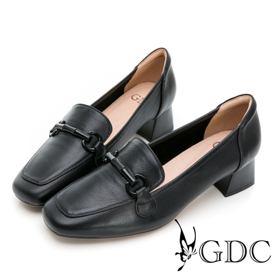 GDC-真皮基本款素色釦百搭粗跟方頭樂福鞋-黑色