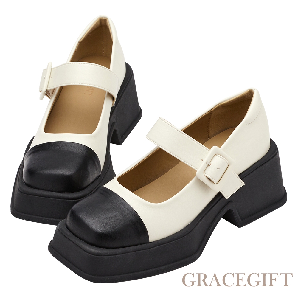 【Grace Gift】經典一字帶方頭厚底瑪莉珍鞋 米白
