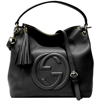 【GUCCI 古馳】536194 經典SOHO系列雙G LOGO 流蘇肩背/斜背兩用包(黑色)