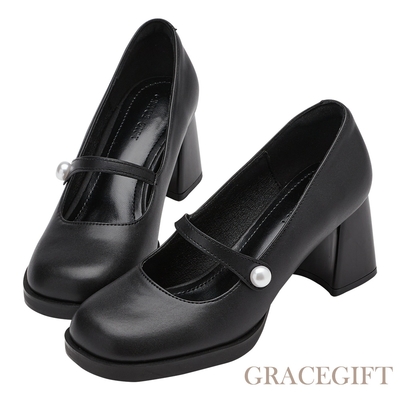 【Grace Gift】時尚圓頭珍珠中高跟瑪莉珍芭蕾舞鞋 黑