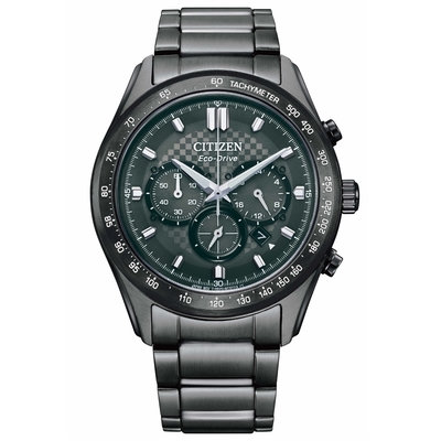CITIZEN 星辰 光動能 黑鋼格紋灰面計時腕錶 -男錶(CA4457-81H)43mm