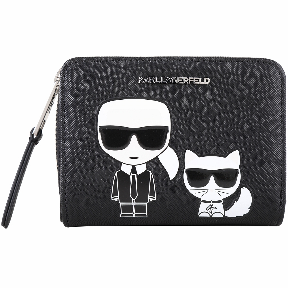 KARL LAGERFELD K/IKONIK 卡爾 老佛爺貓咪零錢包釦式短夾(黑色)