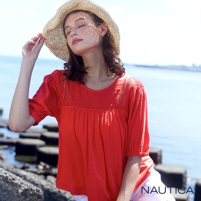 Nautica女裝 素色澎袖五分袖純棉T恤-橘