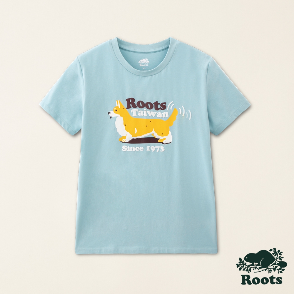 Roots女裝-Taiwan Day系列 動物圖案短袖T恤-藍色
