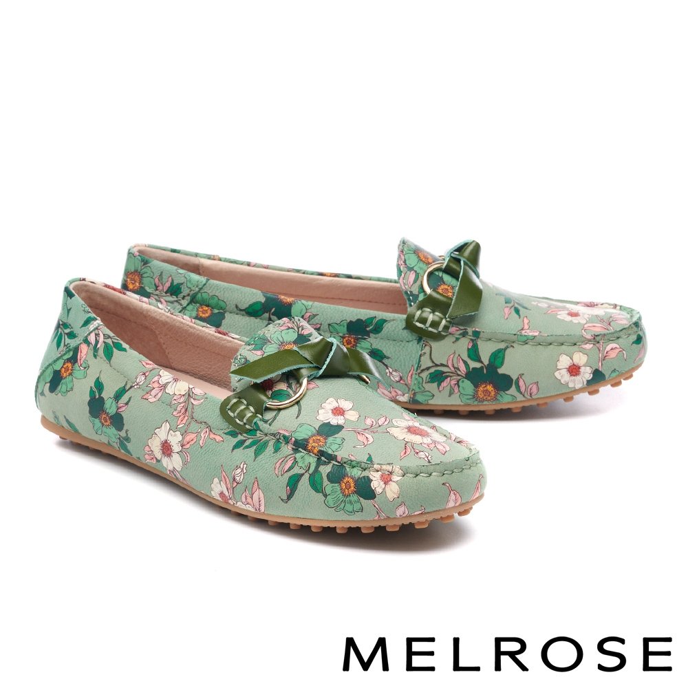 平底鞋 MELROSE 美樂斯 精緻印花蝴蝶扭結全真皮樂福平底鞋－綠白