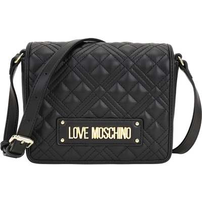 LOVE MOSCHINO 金屬字母菱格皮革翻蓋斜背風琴包(黑色)