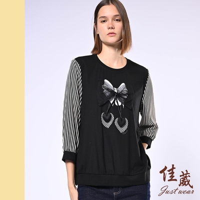 【佳葳Justwear】立體蝴蝶結拼接棉質上衣(女上衣/女上著/七分袖/條紋/印圖)