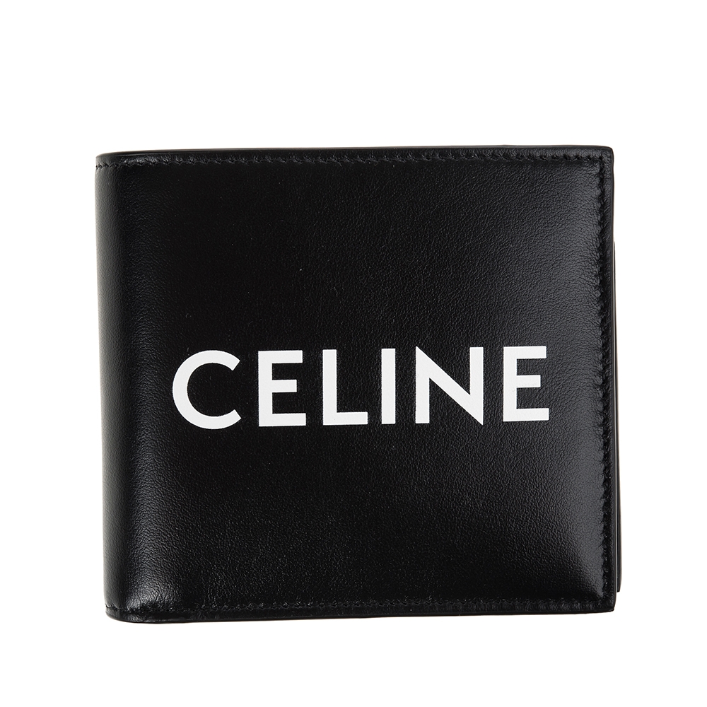 CELINE 新款印花LOGO平滑小牛皮雙摺零錢袋短夾 (黑色)