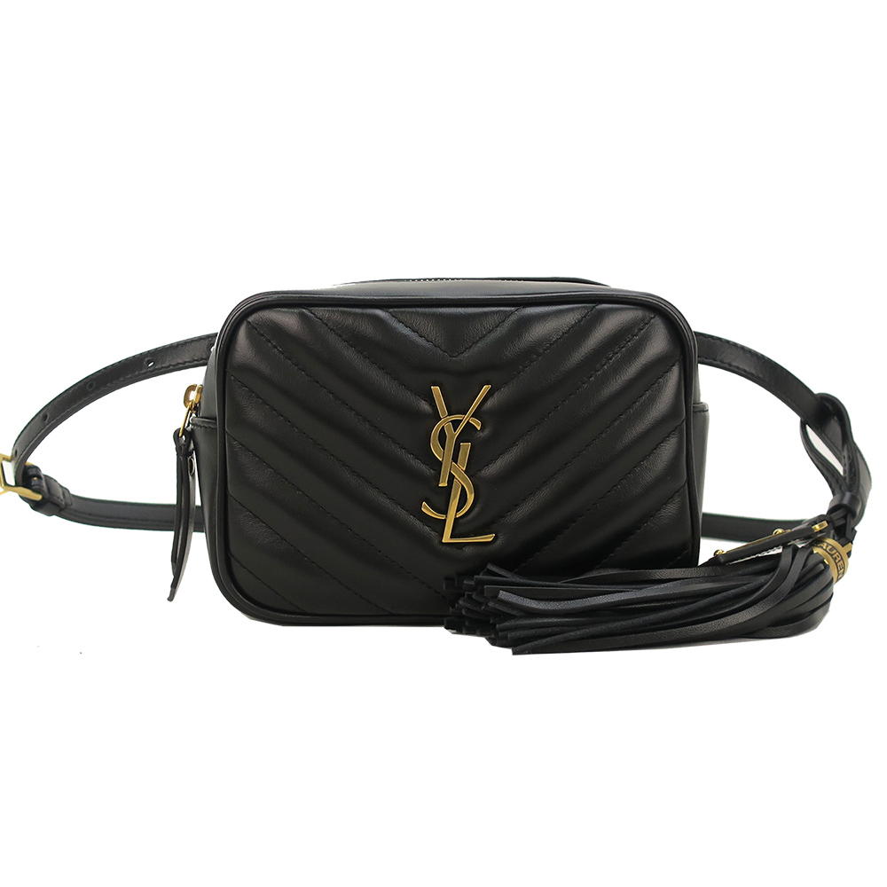 YSL LOU MATELASSE牛皮Y字縫線LOGO流蘇腰包(黑)