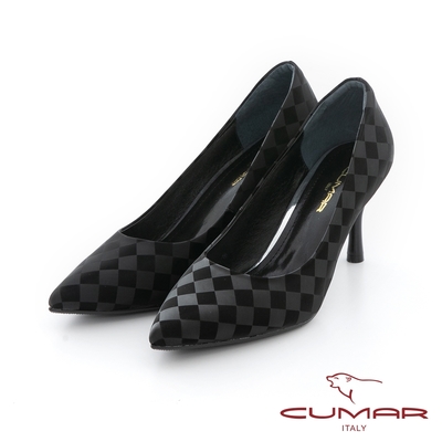 【CUMAR】棋盤格尖頭簡約高跟鞋-黑