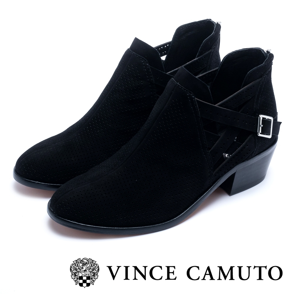 VINCE CAMUTO 側V字麂皮簍空交叉扣帶粗跟踝靴-絨黑