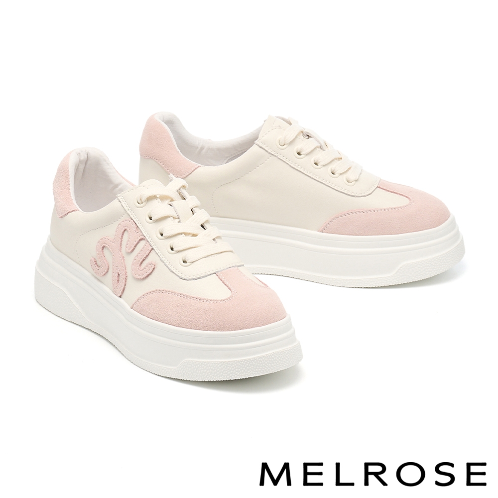 休閒鞋 MELROSE 美樂斯 質感俏皮 LOGO牛皮綁帶厚底休閒鞋－粉