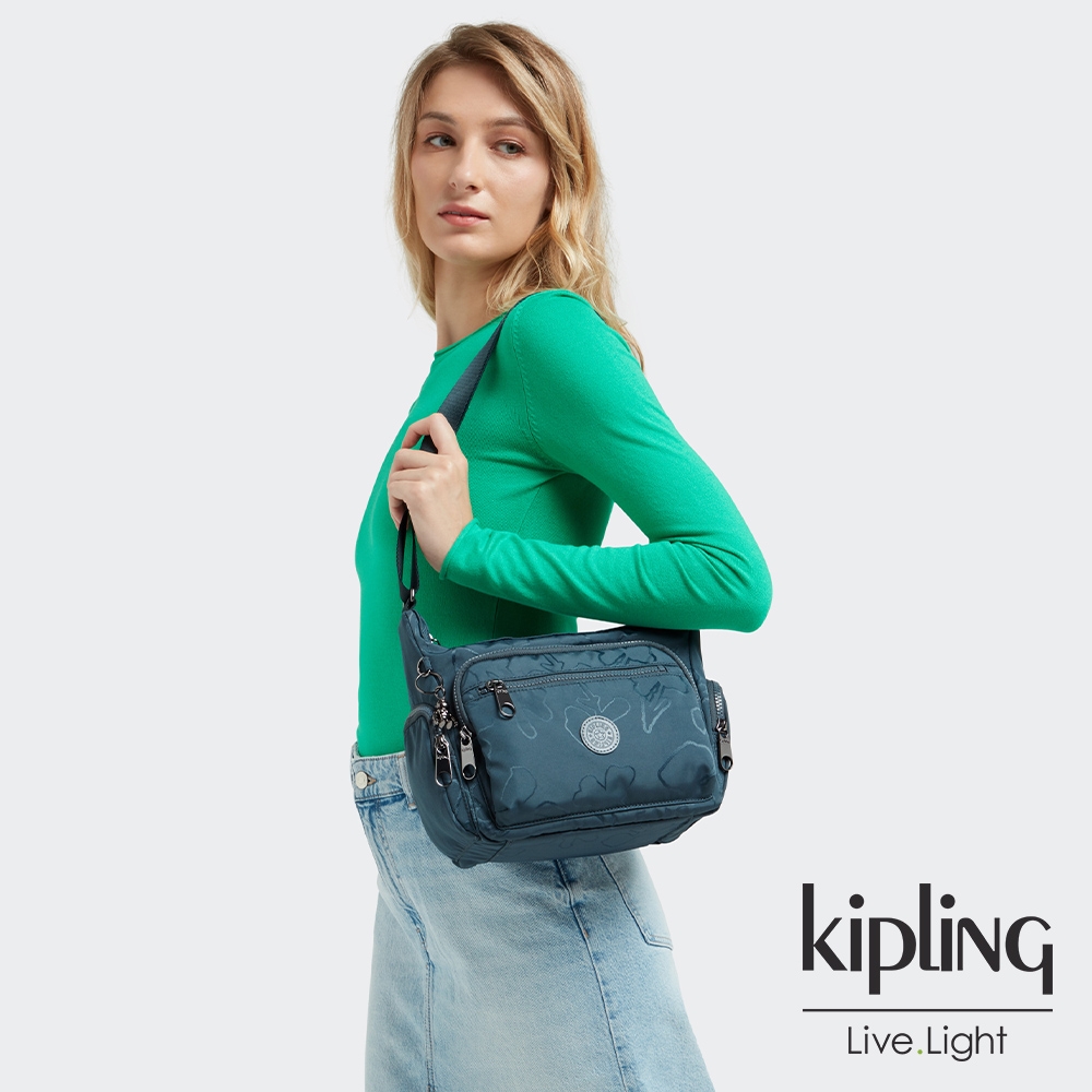 Kipling 迷霧湖水綠佐花朵線條多袋實用側背包-GABBIE S