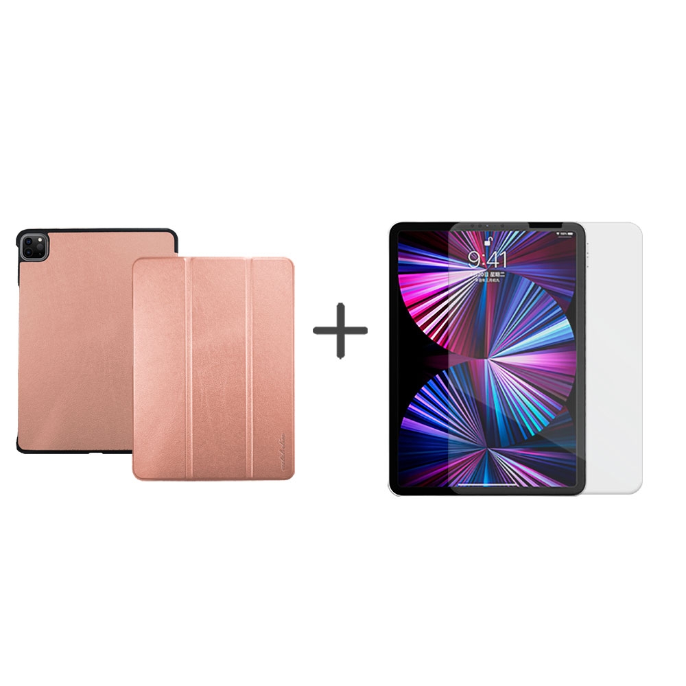 Metal-Slim Apple iPad Pro 11吋 (第3代) 2021 高仿小牛皮三折立架式保護皮套+玻璃貼-玫瑰金