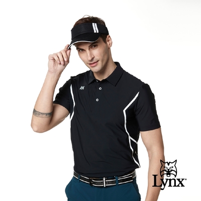 【Lynx Golf】Korea 男款山貓網布剪裁設計短袖POLO衫-黑色