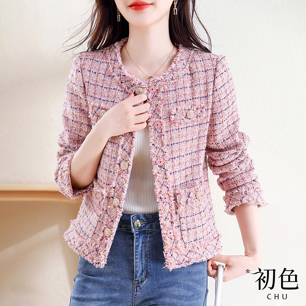 初色 小香風寬鬆圓領單排釦長袖短款西裝外套-粉色-30901(M-2XL可選)