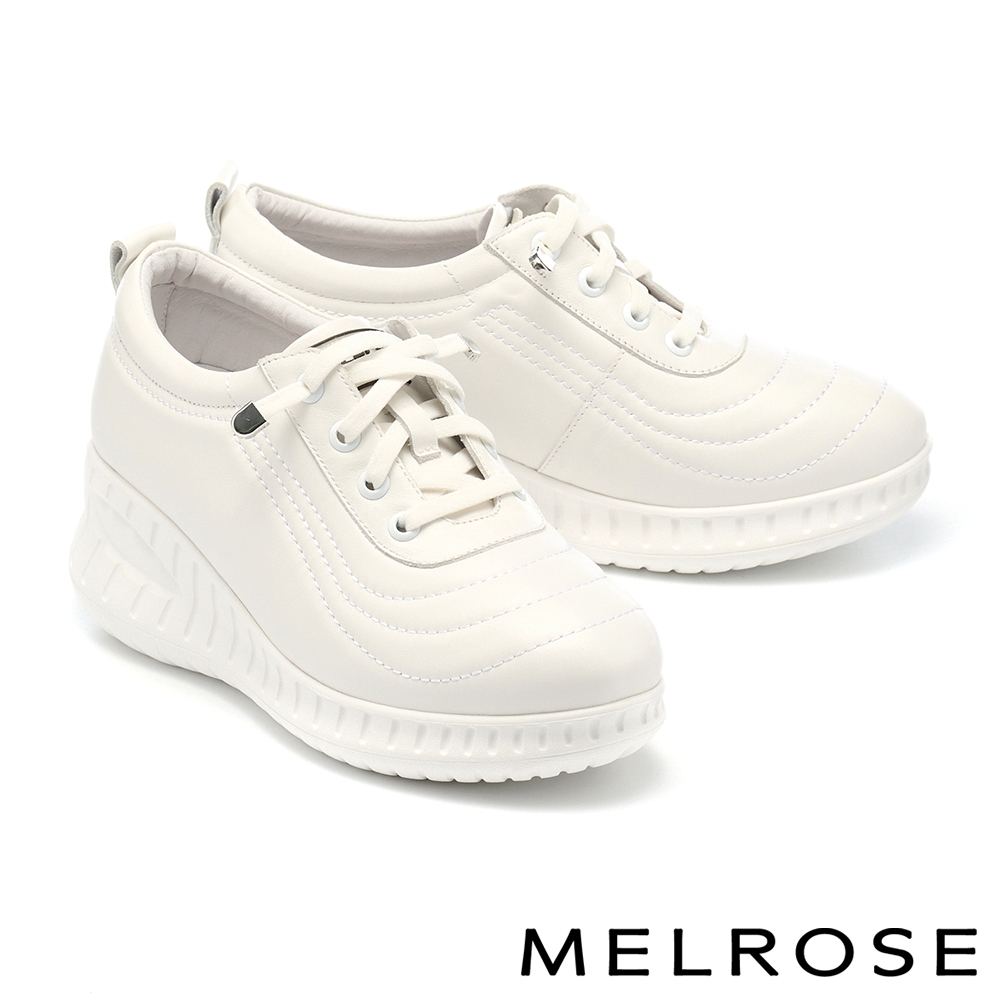 休閒鞋 MELROSE 美樂斯 清新純色流線造型全真皮厚底休閒鞋－白