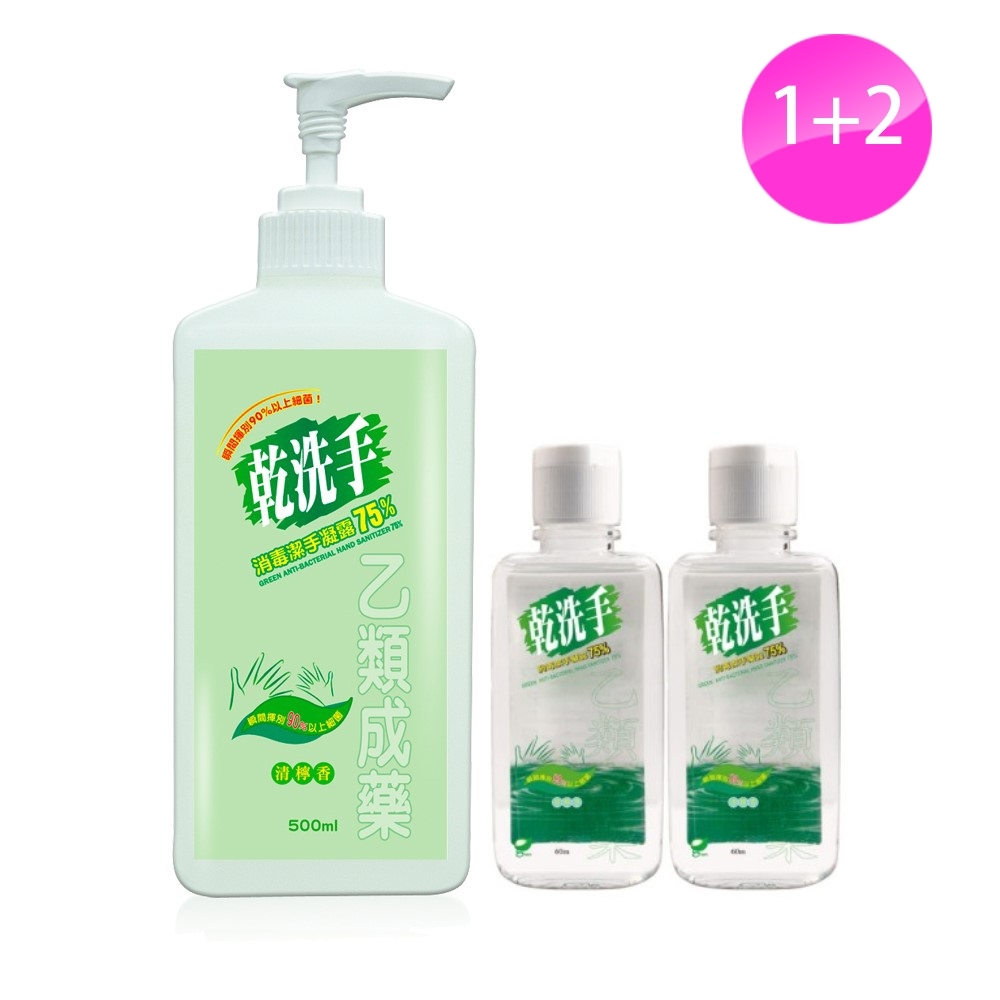 綠的GREEN 乾洗手消毒潔手凝露75% 500ml+60ml*2 (乙類成藥)+CSD中衛 時尚口罩 (2片/包)