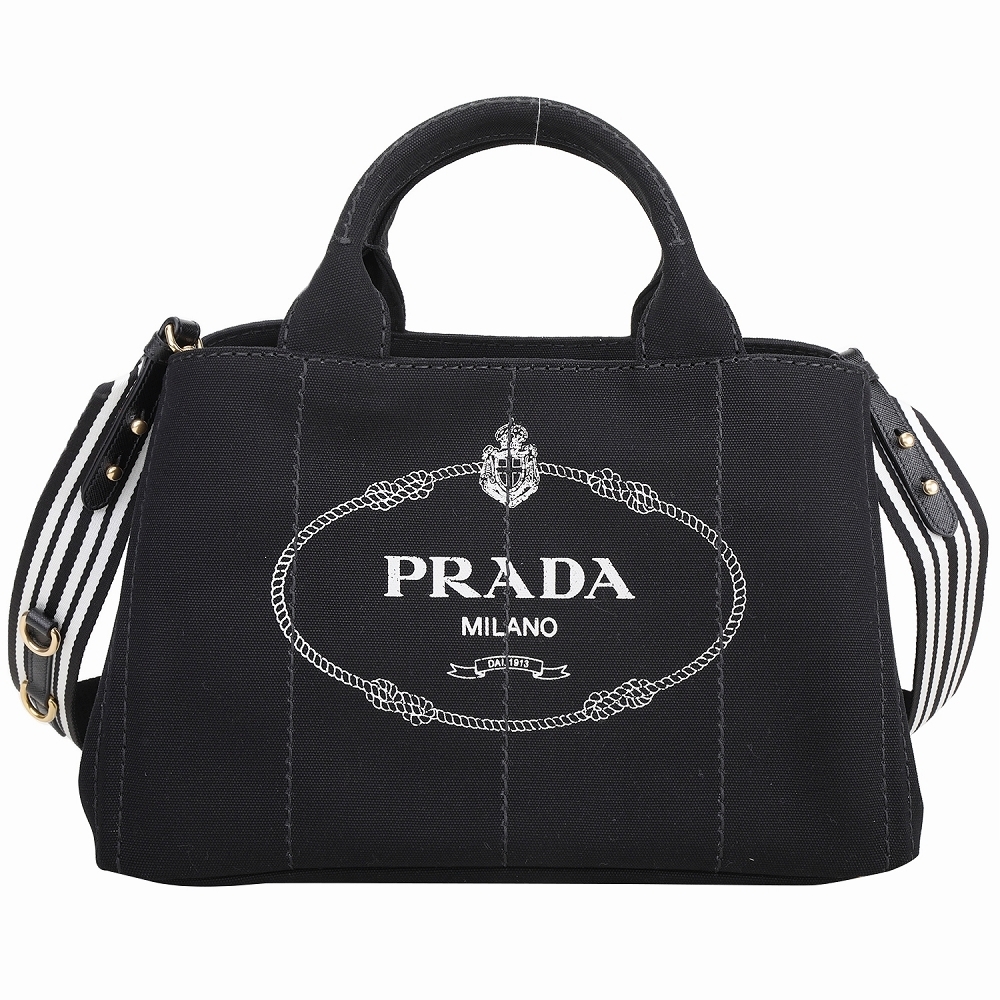 PRADA Canvas 大款 字母徽標帆布手提/斜背托特包(黑色)