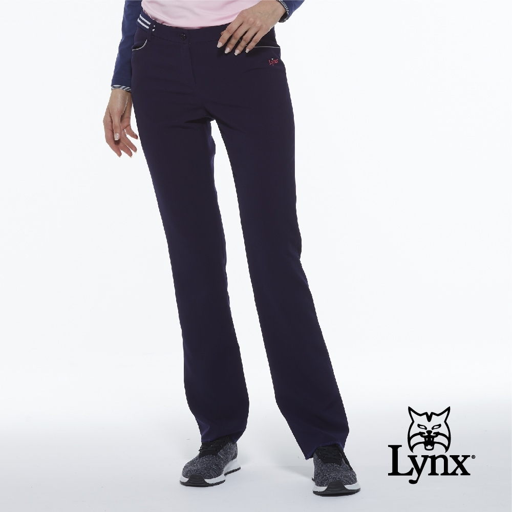 【Lynx Golf】女款腰頭羅紋設計貓咪繡花直筒休閒長褲-深紫色