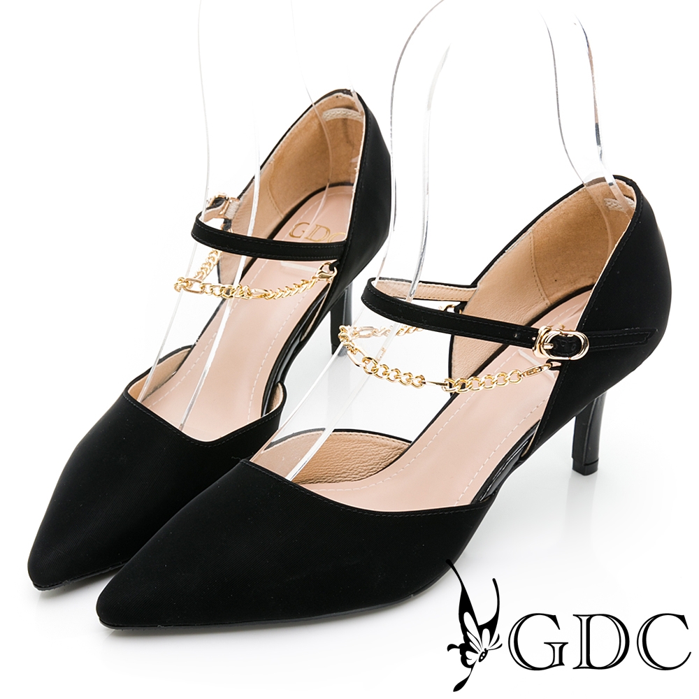 GDC-宴會妖精尖頭金釦經典真皮中跟鞋-黑色