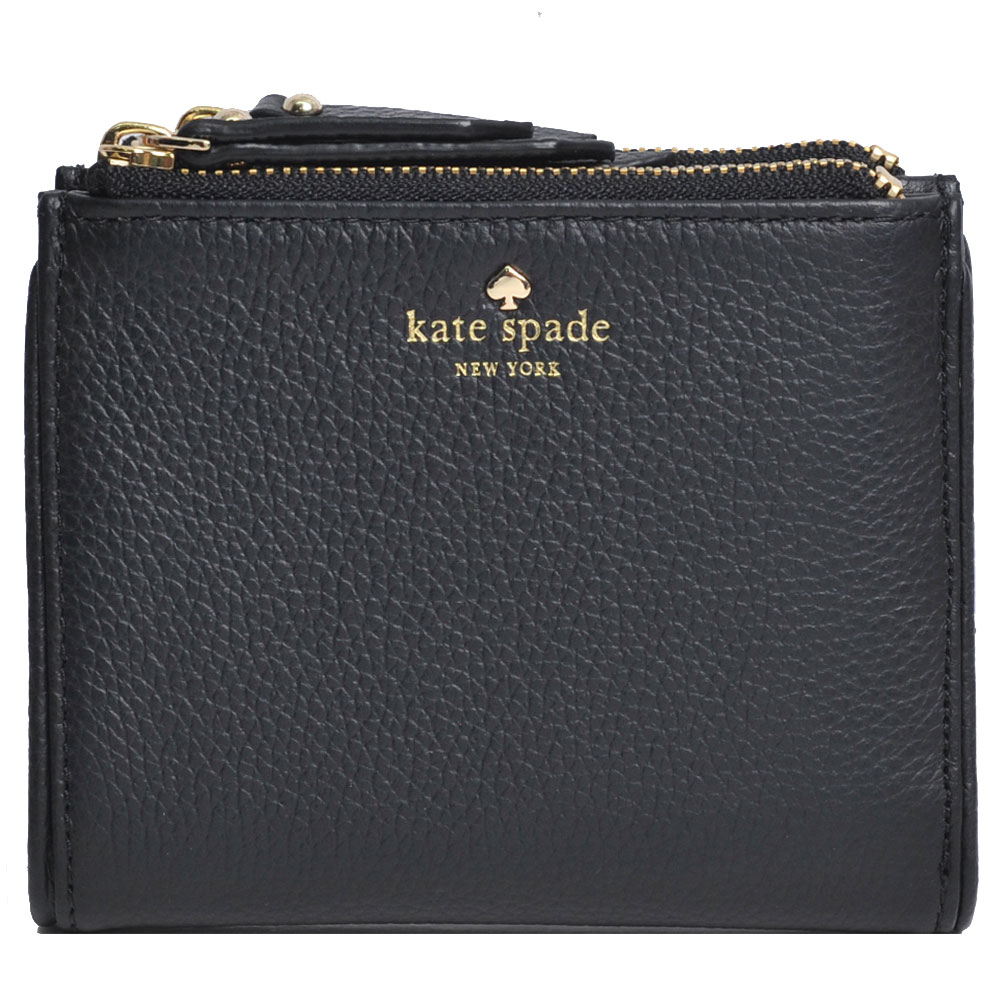 Kate spade SMALL MALEA 品牌字母荔枝壓紋皮革對折雙拉鍊皮夾(黑)