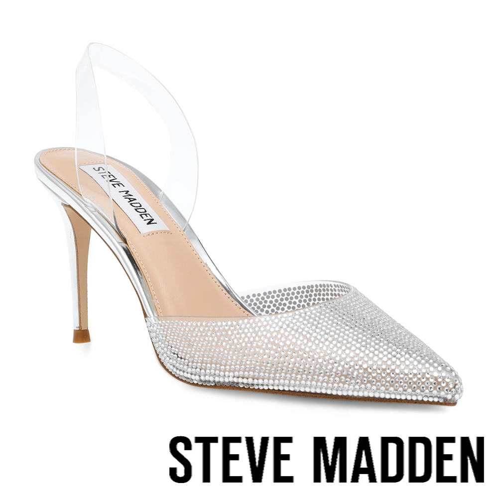 (季末換季出清)STEVE MADDEN-LUCYLE 鑽面尖頭繞踝跟鞋-銀色