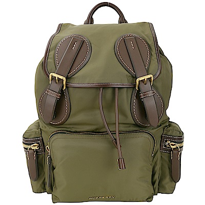 BURBERRY The Rucksack 大型科技尼龍拼接明線皮革軍旅後背包(綠)