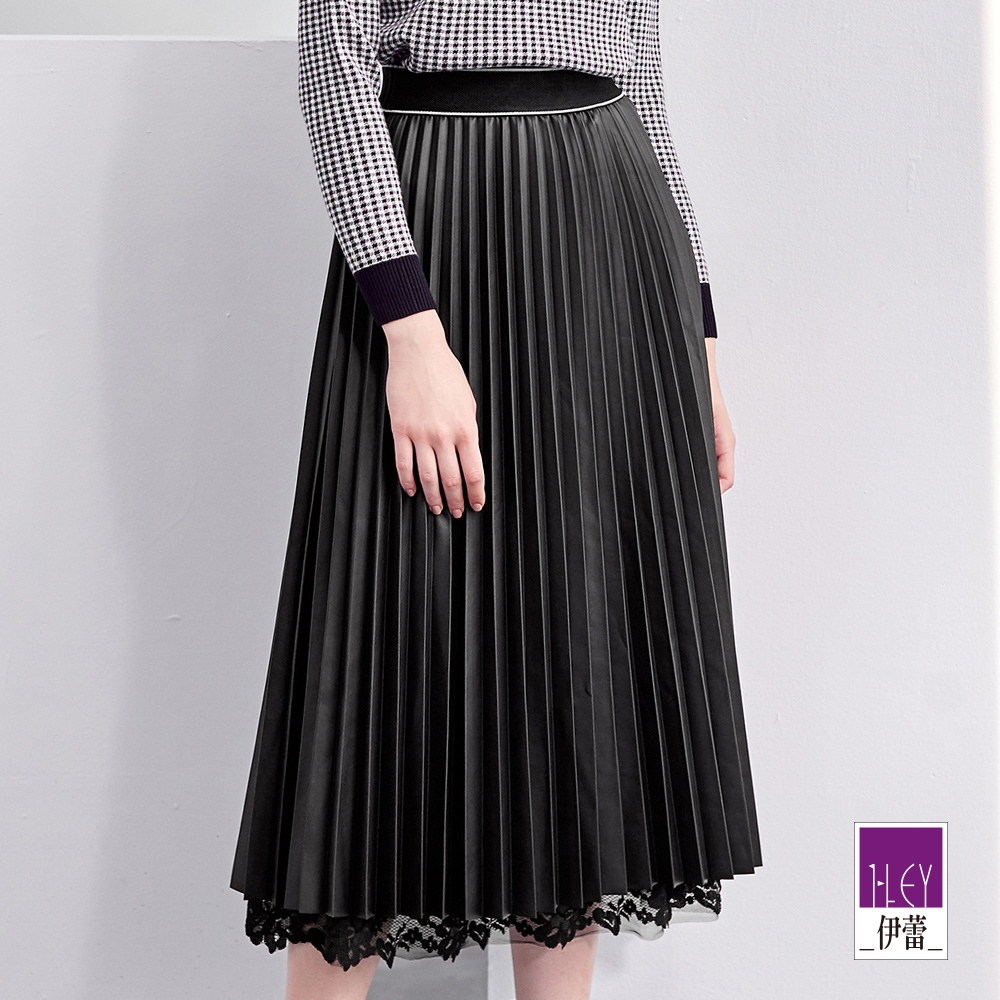 ILEY伊蕾 個性時尚壓摺蕾絲覆膜布鬆緊裙(黑色；M-XL)1224162221