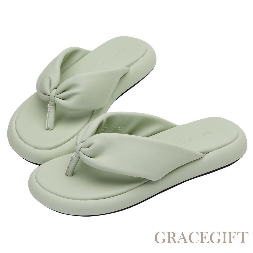 【Grace Gift】日系澎澎寬帶夾腳拖鞋 淺綠