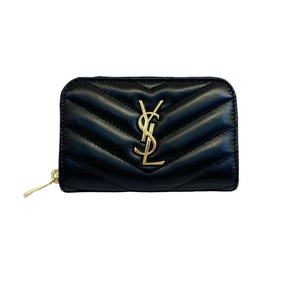 YSL Saint Laurent金屬LOGO小羊皮V字車線名片名片夾/卡片夾/零錢包(黑金)