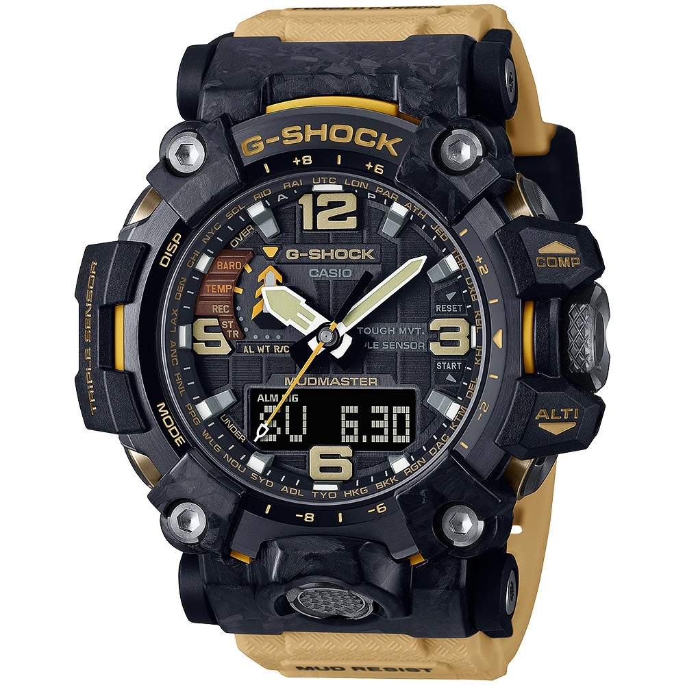 CASIO 卡西歐 G-SHOCK MUDMASTER系列 太陽能電波多功能雙顯錶 送禮首選-卡其 GWG-2000-1A5