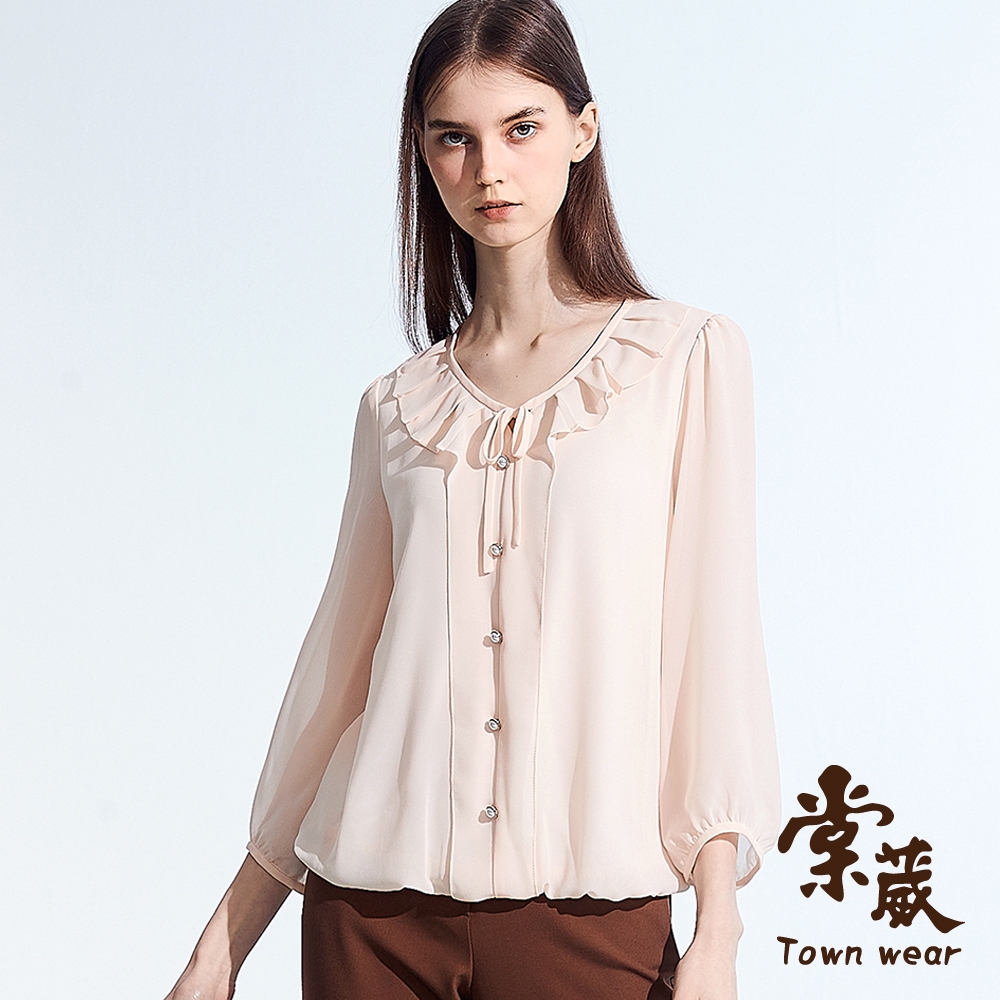 【TOWNWEAR棠葳】素雅珍珠釦壓褶領網紗上衣(女上衣/女上著/長袖/透膚/領結)