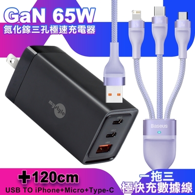 MyStyle 65W GaN氮化鎵極速充電器-黑+倍思 閃速二100W 一出三快速充電線120cm-紫