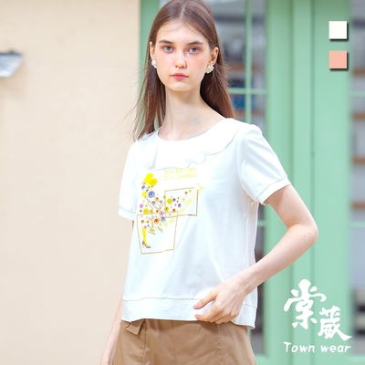 【TOWNWEAR棠葳】氣質花卉印圖棉質上衣 2色(女上衣/女上著/短袖/翻領/印字)