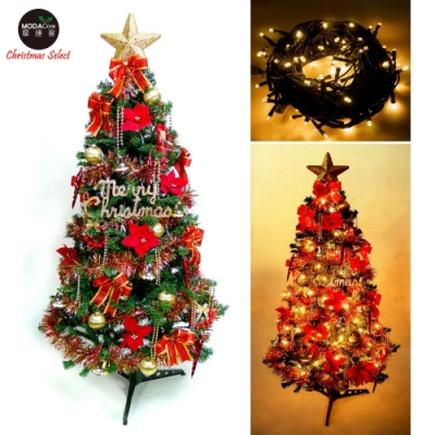 摩達客 幸福8尺/8呎一般型裝飾綠聖誕樹 (+紅金色系配件)+100燈LED燈暖白光3串