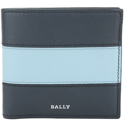 BALLY Brasai 撞色橫條紋牛皮對折8卡短夾(深藍色)