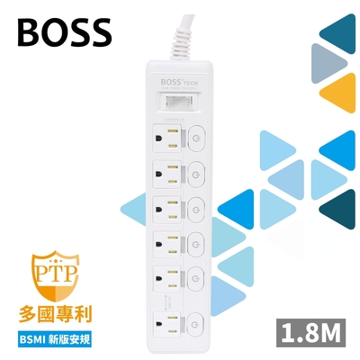 BOSS 按壓式7開6插3P高溫斷電延長線 1.8米