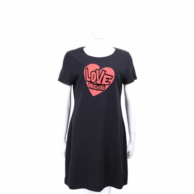 LOVE MOSCHINO 植絨字母愛心印花黑色短袖長版TEE 洋裝