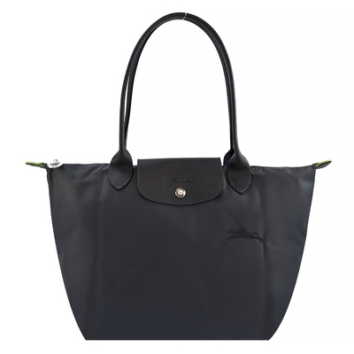 LONGCHAMP LE PLIAGE GREEN系列刺繡長把再生尼龍摺疊水餃包(中/石墨灰)