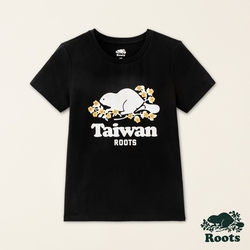 Roots女裝-Taiwan Day系列 梅花海狸LOGO修身短袖T恤-黑色