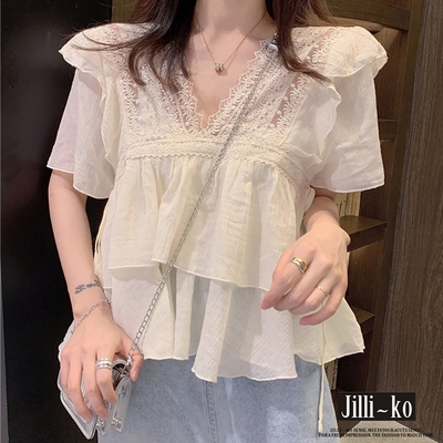 JILLI-KO V領蕾絲荷葉雪紡寬鬆短款上衣- 白色