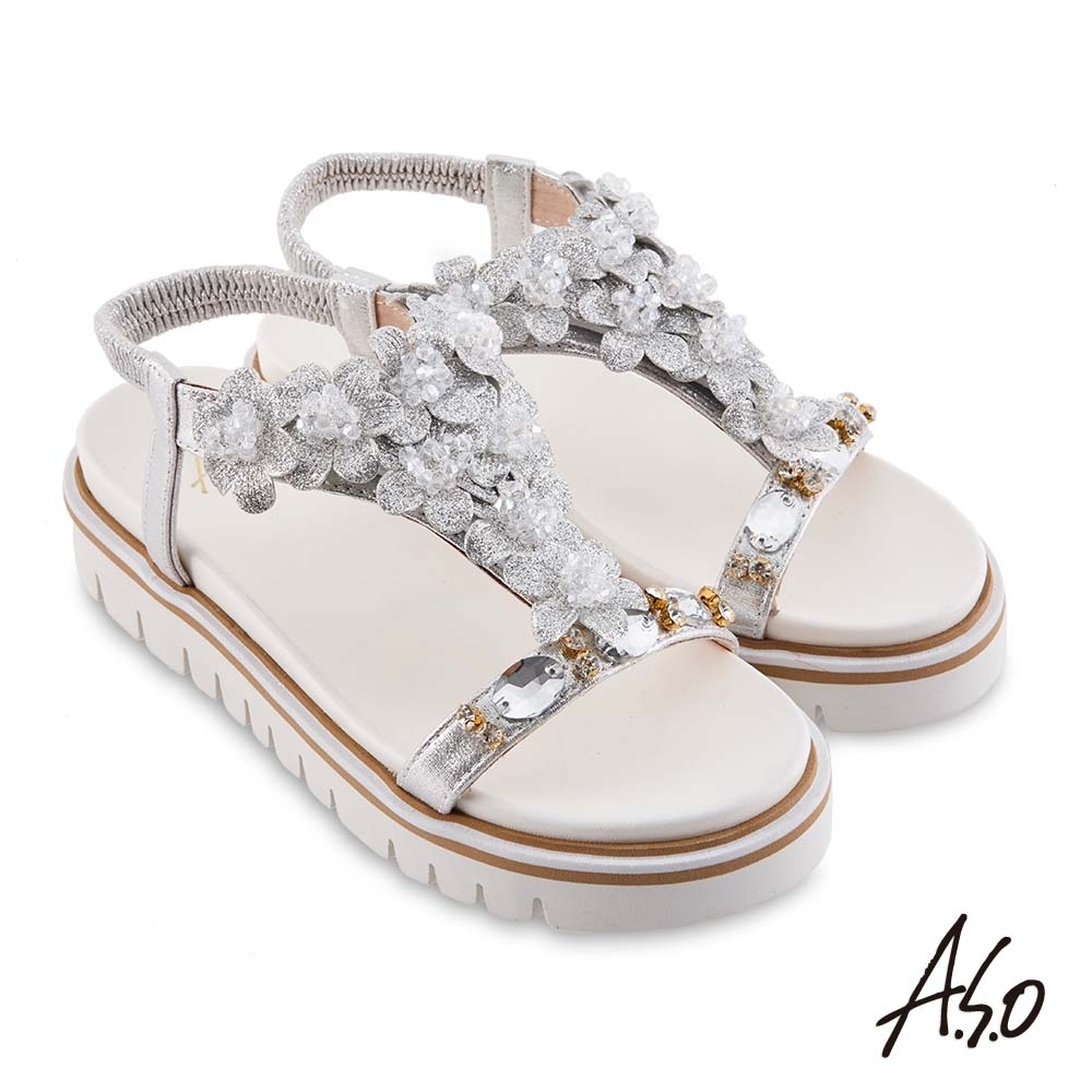 A.S.O 時尚流行 夏季輕量花飾造型休閒底台涼鞋-白