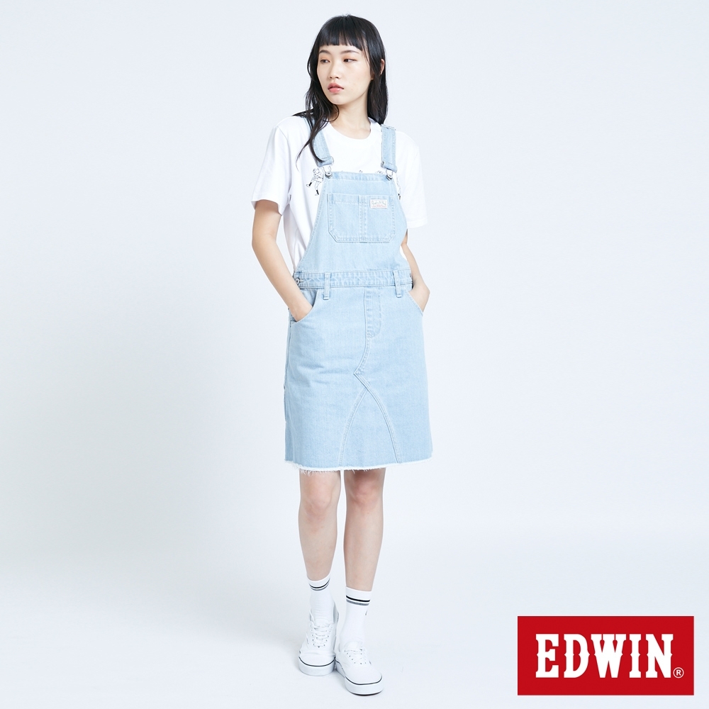 EDWIN MISS 刷色連身吊帶牛仔短裙-女-重漂藍