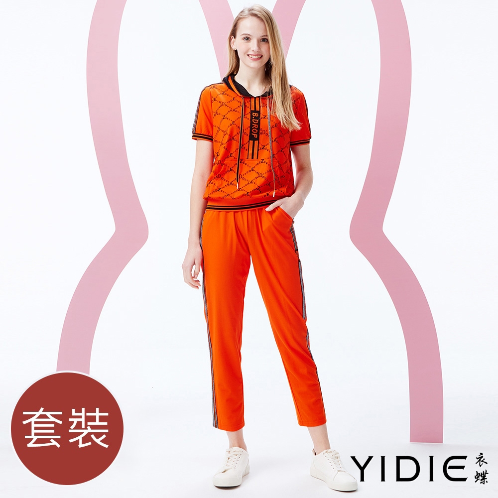 YIDIE衣蝶 彈性印花連帽休閒褲套裝-桔紅(上下分開販售)